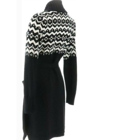 Isaac Mizrahi Live! Shawl Collar Fair Isle Cardigan with Belt Black Small - Picture 3 of 5